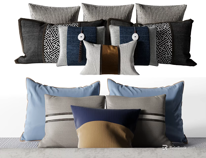 Modern Throw Pillows Collection With Gray Blue Brown Tones And Striped Geometric Patterns 3d model