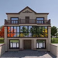 Two Story Detached Villa With Balcony Large Glass Windows Front Porch Green Trees