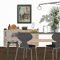 Log Style Home Restaurant Open Restaurant Log Style Sideboard Solid Wood Dining Table Chair Dining Table Ornaments Bookshelf Dining Table Flower Art 3d model
