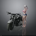 White Cruiser Motorcycle With Pink Haired Woman In Blue Shorts Standing