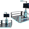 Futuristic Control Consoles With Display Screens Blue Lighting And Metal Frames