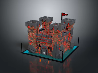 Grey Stone Medieval Castle With Multiple Towers Red Accents Red Flag And Blue Base 3d model