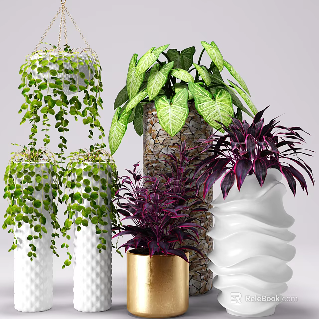 Bonsai Potted Plants With Green Hanging Leaves Purple Foliage And Decorative Ceramic Pots 3d model 