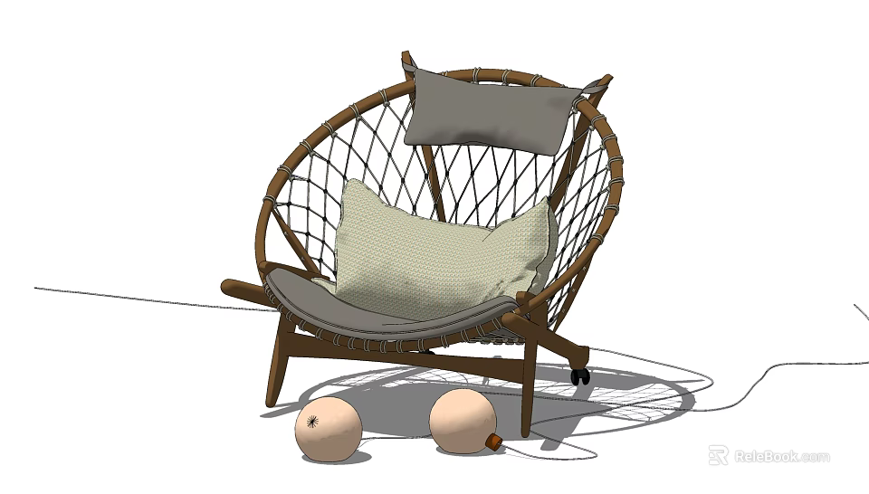 Natural Rattan Leisure Chair With Wooden Frame Gray Backrest Light Cushion And Two Round Balls 3d model 