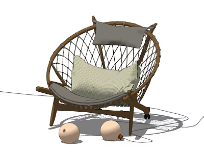 Natural Rattan Leisure Chair With Wooden Frame Gray Backrest Light Cushion And Two Round Balls 3d model