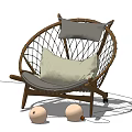 Natural Rattan Leisure Chair With Wooden Frame Gray Backrest Light Cushion And Two Round Balls