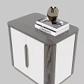 Wooden Nightstand With White Door Metal Handle Books And Decorative Item On Top