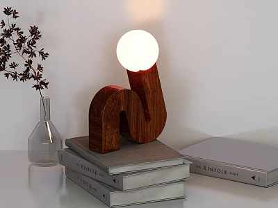 Modern n shaped Wooden Table Lamp with Spherical Bulb on Stack of Books and Glass Vase 3d model