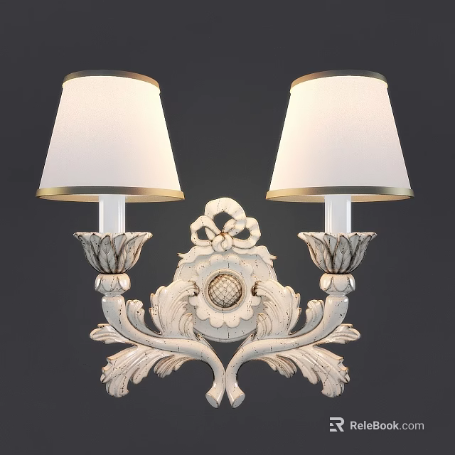 Classical White Wall Sconce With Intricate Carved Floral Design And White Fabric Shades 3d model 