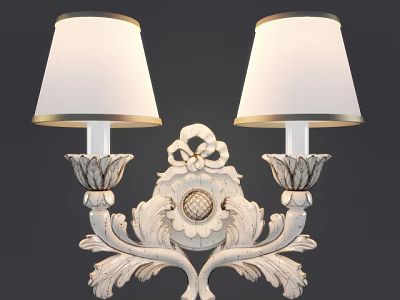 Classical White Wall Sconce With Intricate Carved Floral Design And White Fabric Shades 3d model