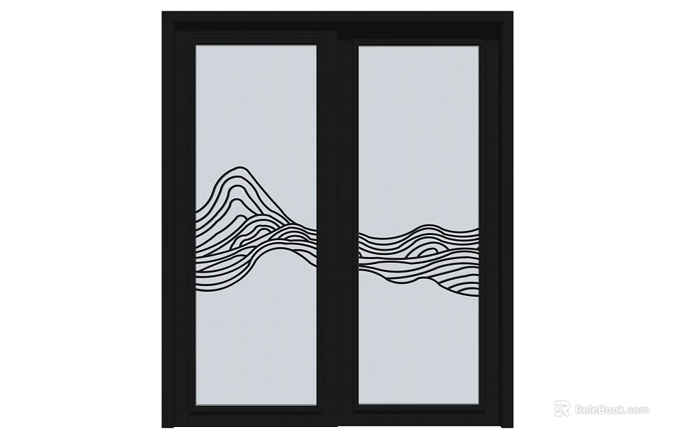 Modern Double Doors with Black Frame Glass Panels and Wavy Line Pattern 3d model 