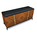 Elegant Wooden TV Cabinet With Geometric Pattern Gold Handles And Black Legs