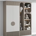 Modern Wooden Wardrobe Interior With White Panel Circular Handle And Open Display Shelves