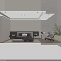 Indoor Leisure Chair With White Padding Black Frame Gray Textured Wall Green Plants And Fireplace
