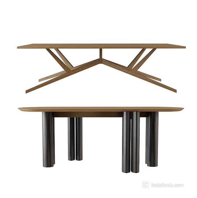 Modern Brown Wooden Dining Table With Crossed And Cylindrical Legs Design 3d model 