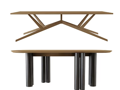 Modern Brown Wooden Dining Table With Crossed And Cylindrical Legs Design 3d model