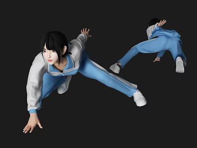 Woman In Blue And White Tracksuit Performing Dynamic Stretching Poses On Black Background 3d model
