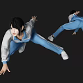 Woman In Blue And White Tracksuit Performing Dynamic Stretching Poses On Black Background