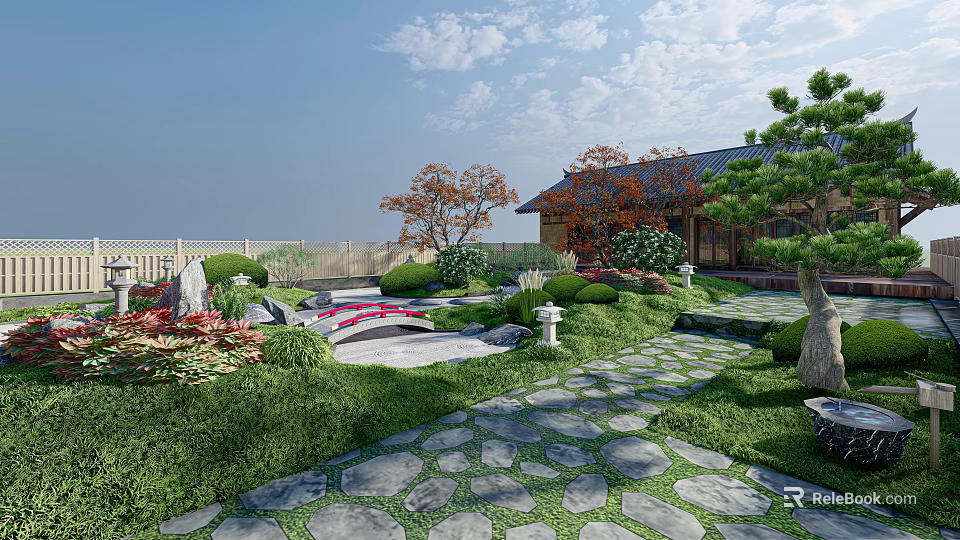 Karesansui Zen Garden with Stone Path Green Plants and Japanese Style Building 3d model 