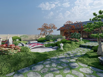 Karesansui Zen Garden with Stone Path Green Plants and Japanese Style Building 3d model