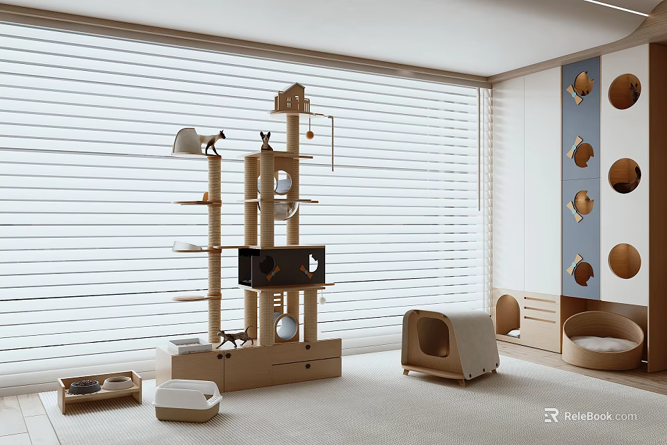 Modern Indoor Cat Furniture With Wooden Tree Bed And Blinds Design 3d model 