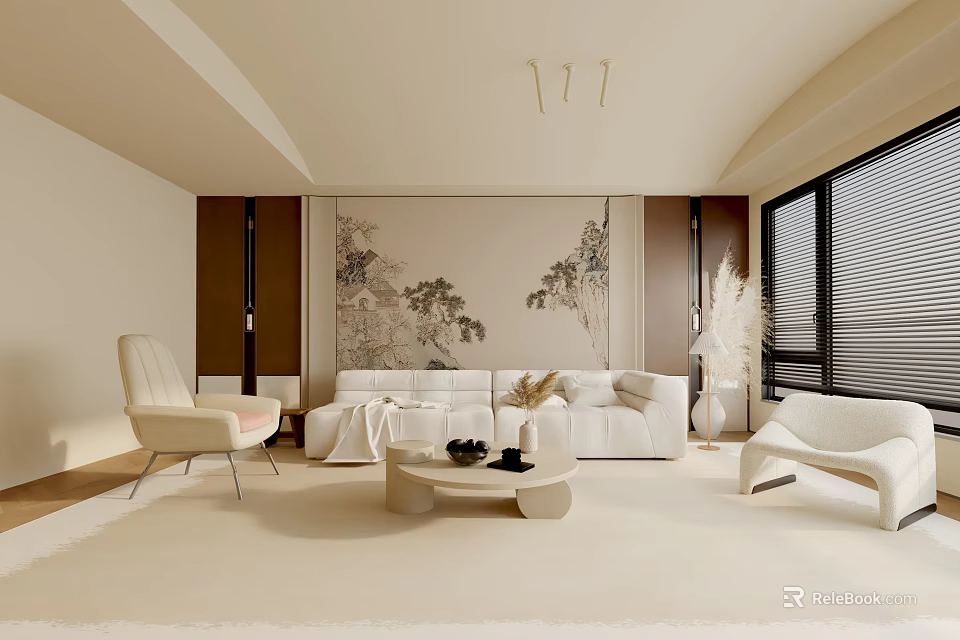 Modern Living Room Interior Design With White Sofa Beige Carpet Armchair Decorative Painting And Blinds 3d model 