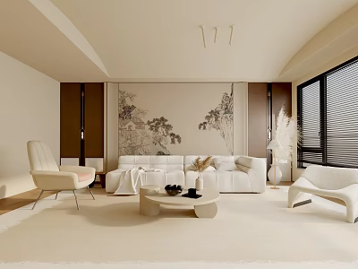 Modern Living Room Interior Design With White Sofa Beige Carpet Armchair Decorative Painting And Blinds 3d model