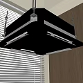 Black Ceiling Mounted Air Conditioner Fan In Room With Wooden Wall And White Window Blinds