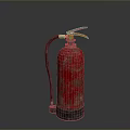 Red Old Fire Extinguisher With Worn Surface And Metal Handle On Gray Background