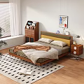 Stylish Double Bed With Green Yellow Wooden Headboard Nightstand Lamp Window And Wall Painting