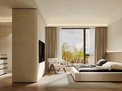 Bright Modern Bedroom Interior With Large Window Curtains Bed Chair And Rug 3d model