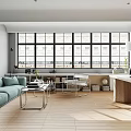 Modern Apartment Interior With Large Windows And Light Blue Sofa