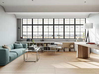 Modern Apartment Interior With Large Windows And Light Blue Sofa 3d model