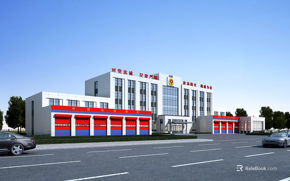 Modern Fire Station Building With Red Garage Doors And Multi Story Architecture 3d model 
