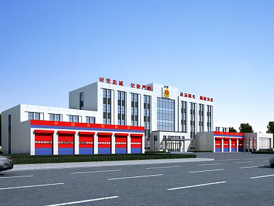Modern Fire Station Building With Red Garage Doors And Multi Story Architecture 3d model