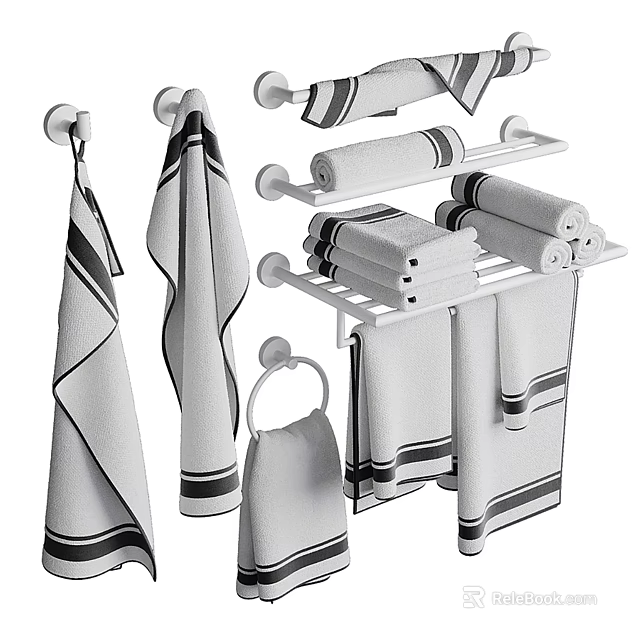 White Bathroom Towel Racks With Multi Layer Design And Striped Towels 3d model 
