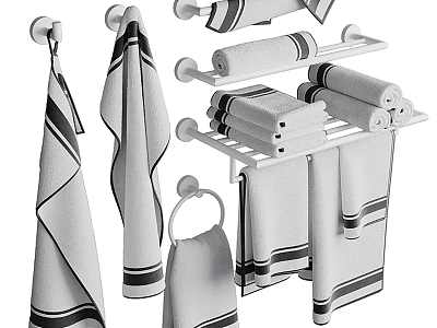 White Bathroom Towel Racks With Multi Layer Design And Striped Towels 3d model