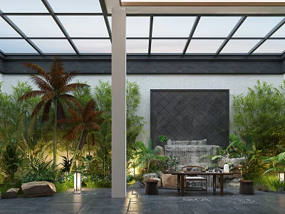 Villa Balcony With Glass Roof Palm Trees Green Plants And Waterfall 3d model