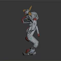 Mechanical Robot Character With Gray Red Armor And Yellow Horns Standing Pose
