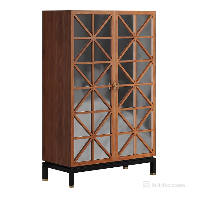 Modern Wooden Decorative Cabinet With Geometric Glass Double Doors And Black Legs 3d model 