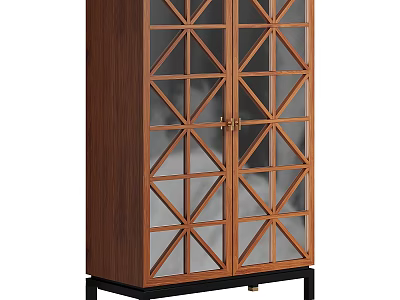 Modern Wooden Decorative Cabinet With Geometric Glass Double Doors And Black Legs 3d model