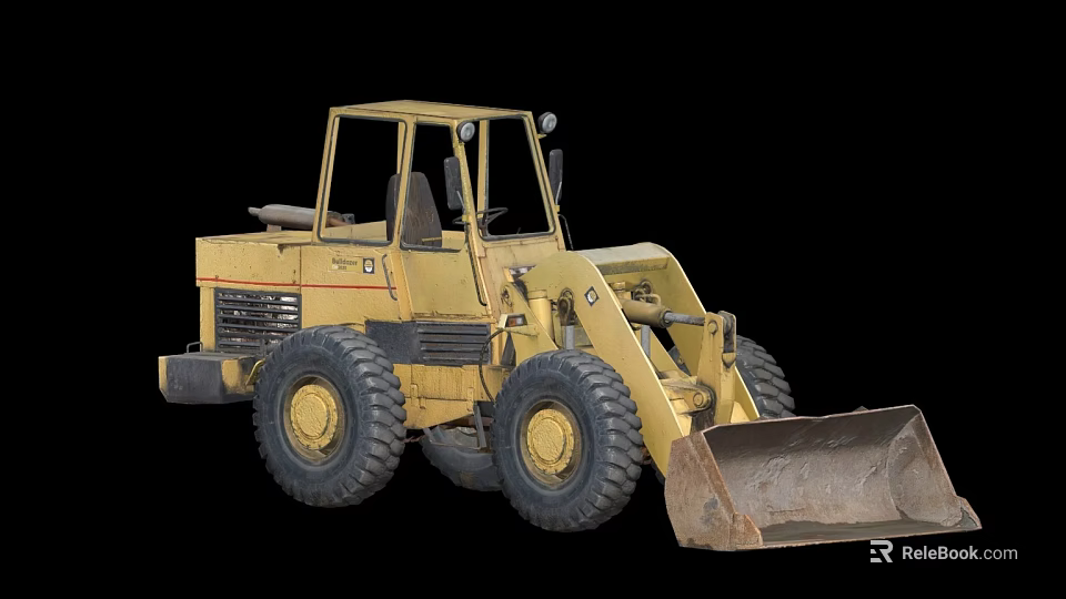 Yellow Utility Vehicle With Front Loader Bucket Large Tires And Operator Cab 3d model