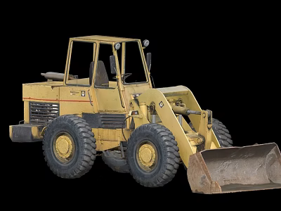Yellow Utility Vehicle With Front Loader Bucket Large Tires And Operator Cab 3d model