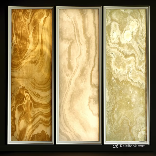 Modern Three Panel Wall Decor With Golden Beige Light Yellow Marble Like Texture Black Frames 3d model 