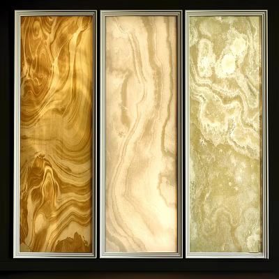Modern Three Panel Wall Decor With Golden Beige Light Yellow Marble Like Texture Black Frames 3d model