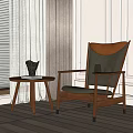 Modern Leisure Accent Chair With Wooden Frame Leather Back Fabric Seat And Side Table