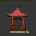 Traditional Chinese Pavilion With Pink Curved Eaves Red Columns And Wooden Railings