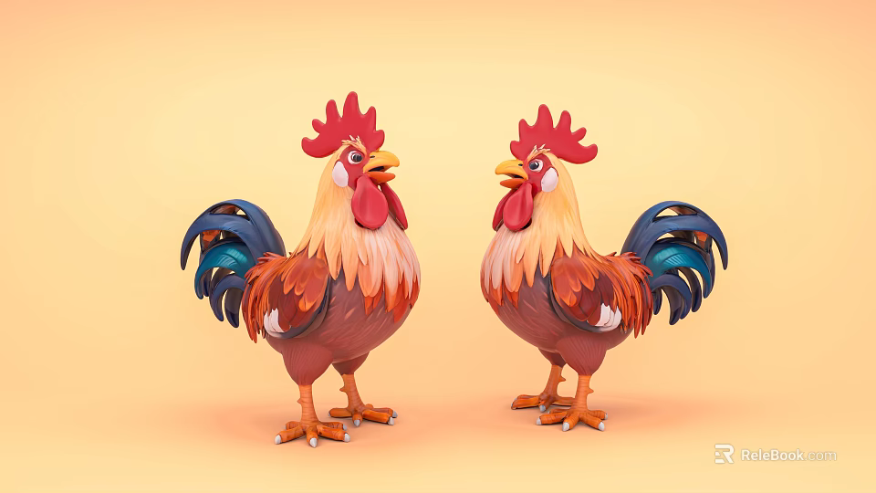 Two Roosters With Red Combs And Colorful Feathers On Yellow Background 3d model 