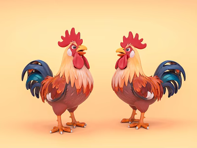Two Roosters With Red Combs And Colorful Feathers On Yellow Background 3d model