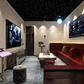 Modern KTV Interior With Starry Ceiling Large Screen TV Song Selection Console And Red Sofa
